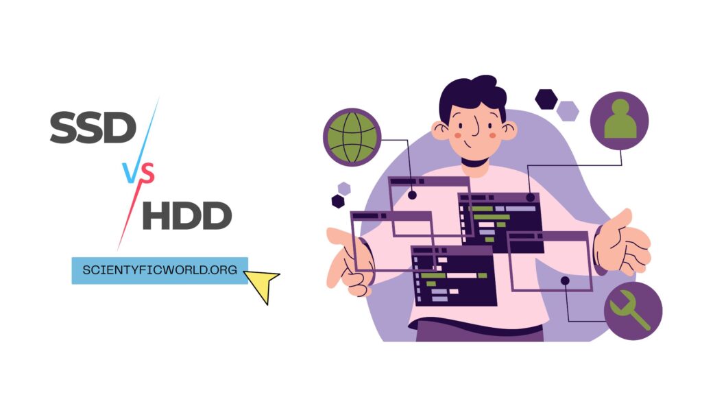 SSD vs HDD blog banner with a vector image of a boy