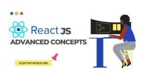 blog banner with a logo of react js and a vector image of a girl sitting Infront of a desktop