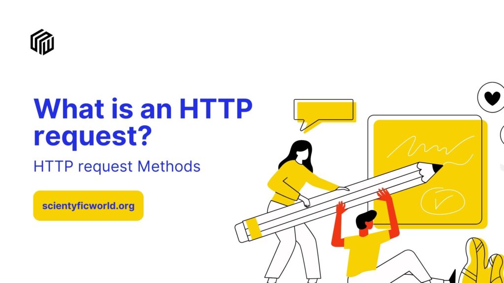 Blog banner titled http request containing sitelogo and a vector image of a boy and a girl with a pencil and a notebook