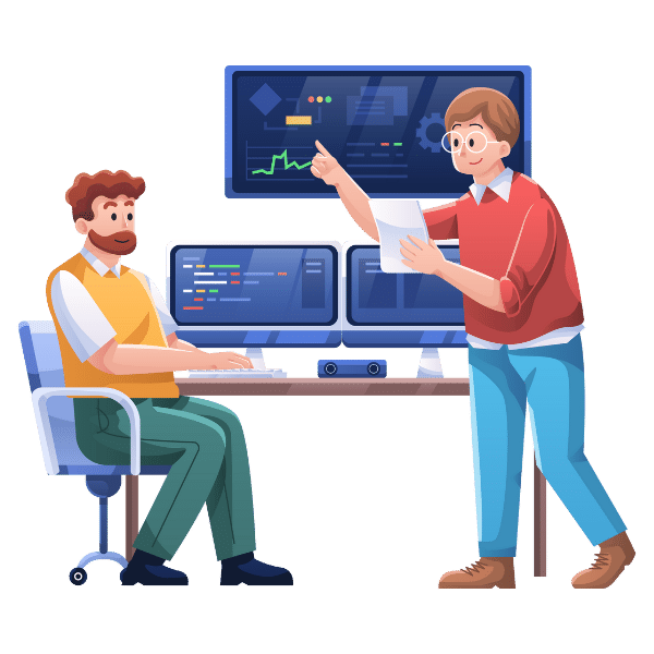 two people with a computer showing some code vector image